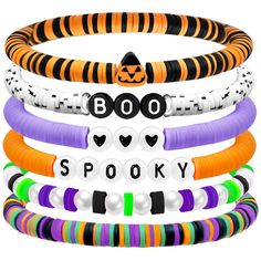 PRICES MAY VARY. Festive Charm: Elevate your Halloween look with our stackable surfer heishi bracelets, expertly crafted with preppy clay beads HOCUS POCUS SPOOKY/BOO SPOOKY/HALLOWEEN BOO that stretch to fit most wrist sizes Spooky Yet Stylish: This 7-piece set features Halloween-themed charms, perfectly blending spooky elements with fashionable accessories for any party, costume contests or cosplay event Versatile Wear: Mix and match these clay bead bracelets to complement various outfits — fro Halloween Acssesories, Clay Beads Halloween, Clay Beads Ideas Halloween, Cute Bracelets With Clay Beads, Easy Clay Bead Bracelet Ideas, Boo Bracelet, Halloween Bracelet Ideas Clay, Bracelets For Boys