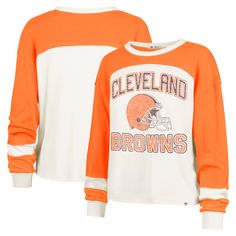 Add vintage flair to your Cleveland Browns game day look with this '47 Double Header Curve Raglan Long Sleeve T-Shirt. With distressed team graphics printed across the chest, this tee embodies vintage team style. Raglan sleeves allow for greater freedom of movement in the shoulders and arms, making it a comfortable choice for cheering on the Cleveland Browns. Throwback Fan Gear Tops For Fall, Retro Game Day Tops For Fall, Retro Tops For Game Day In Fall, Retro Fall Tops For Game Day, Retro White Tops For Game Day, Throwback Long Sleeve Tops For Game Day, Retro Team-colored Tops For Game Day, Retro Tops For Sports Season Fan Gear, Retro Fan Gear Tops For Sports Season