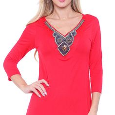 Everyday fashion gets glamorous with this Embellished Neck Top from White Mark. In tunic-length and featuring 3/4-length sleeves,the beaded neckline is a stunning detail that makes this top afashion-forward item for your style.Features: Beaded, Stretch Fabric, EmbellishedFit: Regular FitNeckline: V NeckSleeve Length: 3/4 SleeveApparel Length: 28 Inches - Front, 31 Inches - BackFiber Content: 95% Rayon, 5% SpandexFabric Description: KnitCare: Hand WashCountry of Origin: Imported Elegant Stretch Embellished Tops, Elegant Stretch Embellished Blouse, Stretch V-neck Embellished Tops, Stretch Embellished V-neck Tops, Embellished Stretch V-neck Tops, Embellished Red Long Sleeve Top, Beaded Neckline, Women Tunic Tops, White Mark