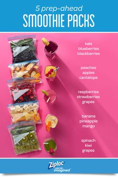 a poster with the words prep - ahead smoothie packs on it's side