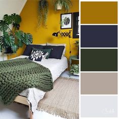 a bedroom with yellow walls and green plants