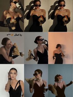 a series of photos showing different women in evening dresses and one woman with gloves on her head