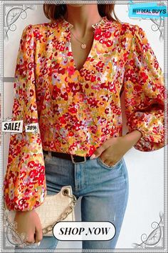 Grapefruit Orange Frilled Split Neck Bubble Sleeve Floral Blouse Bubble Sleeve, Floral Blouse, Grapefruit, No Frills, Split, Top Blouse, Bubbles, Orange, Floral