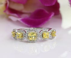 Cushion-Cut Yellow Diamond Engagement Rings, Five Stone Halo Rings, Women's Wedding Engagement Ring, Anniversary Gift Ring, 14K White Gold Item Description: Stone: Lab Diamond Stone Shape: Cushion Cut Side Stone: Cubic Lab Created Metal Customization: 1. White Gold: 10K/14K/18K 2. Yellow Gold: 10K/14K/18K 3. Rose Gold: 10K/14K/18K 4. Silver: Sterling Silver 925 Size Customization: What Size you want... * You can also Customize ring size in US 4 to US 12! It sometimes affects to price. * Main Sto Yellow Halo Design Rings, Yellow Halo Setting Rings For Anniversary, Yellow Halo Ring For Wedding, Yellow Halo Rings Fine Jewelry, Yellow Halo Ring Jewelry, Formal Yellow Halo Ring, Yellow Fine Jewelry Rings For Wedding, Gia Certified Yellow Wedding Ring, Yellow Gia Certified Wedding Rings