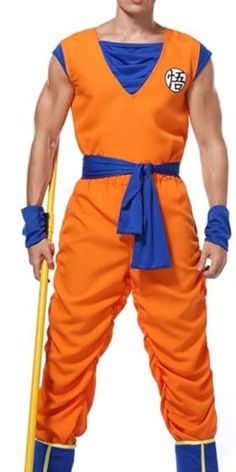 a man in an orange and blue outfit is holding a baseball bat while posing for the camera