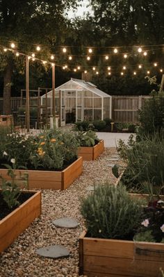 an outdoor garden with lots of plants and lights