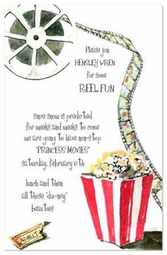 a card with a movie ticket, popcorn and film reel on it's side