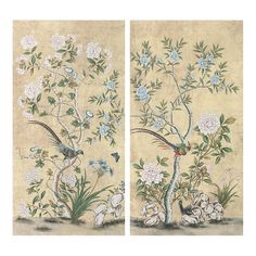 two paintings with flowers and birds on them