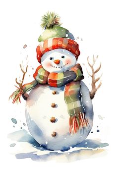 a watercolor painting of a snowman wearing a hat and scarf