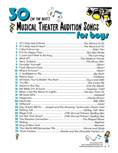 the 30 musical theater auction songs for boys is shown in this printable sheet, which includes