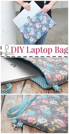 the zipper bag is made from fabric and has flowers on it, with text overlay that reads diy laptop bag