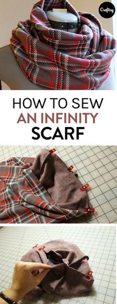 the instructions for how to sew an infinity scarf are shown with text overlay