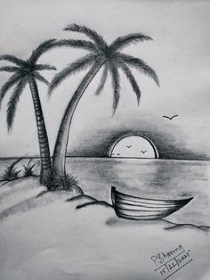 a drawing of two palm trees and a boat on the beach