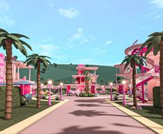 a pink building with palm trees in front of it