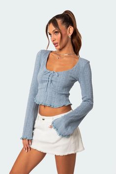 Lacey Long Sleeve Knit Top – edikted Bell Sleeve Crop Top, Streetwear Chic, Long Sleeve Knit Top, Cotton Crop Top, Streetwear Aesthetic, Summer Crop Tops, Lace Patchwork, Long Sleeve Knit Tops, Solid Clothes