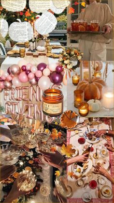 a collage of photos with candles, plates and food on it's table