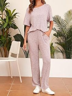 Famulily Women's 2 Piece Casual Tracksuit Outfits Oversized T-Shirts and Trousers with Pockets, Ladies Knitted Wide Leg Loungewear Pyjama Sets (L, Pink) : Amazon.co.uk: Fashion Ladies Pyjamas, Wide Leg Lounge Pants, Oversized T Shirts, Wide Leg, Trousers