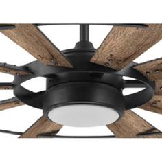 a ceiling fan with wooden blades and light fixture on it's side, showing the wood