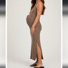 Perfect Summer Maternity Dress. Size Medium Nwt. Fitted Sleeveless Maternity Maxi Dress, Chic Maternity Midi Dress, Fitted Maternity Dress For Summer Date Night, Chic Midi Maternity Dress For Brunch, Fitted Beige Maternity Dress, Chic Maxi Maternity Dress, Chic Midi Maternity Dress, Fitted Brown Dresses With Side Slits, Fitted Brown Dress With Side Slits