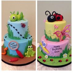 two cakes decorated to look like bugs and grass with ladybugs on them, one is for a child's birthday