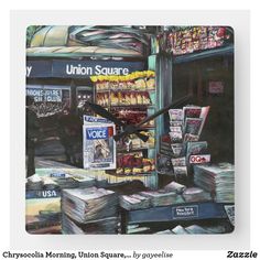 a painting of a store front with stacks of newspapers on the ground and a large clock