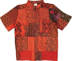 A cool vintage style Indian cotton fabric shirt made from recycled material, sewn into patches and dyed together to create a single color tone look in red.  This is a lightweight, airy and summery, mandarin neck, open front buttoned shirt with front pocket and hippie style patchwork. #tlb #Patchwork #XLPlus #Pocket #vacationclothing #beachwrap #Floral #Printed #bohemianfashion #Handmade #XXLBohoShirt #PlusSizePatchworkShirt #unisexbohoshirt #hippieshirt #festivalbohoclothing Cotton Festival Tops With Buttons, Festival Cotton Tops With Buttons, Bohemian Red Tops With Buttons, Red Bohemian Top With Patchwork, Red Relaxed Fit Top For Festival, Red Bohemian Patchwork Top, Casual Red Festival Shirt, Red Cotton Patchwork Top, Red Cotton Shirt For Festival