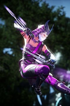 a woman dressed in purple is holding two swords