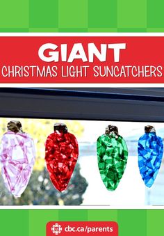 a window with christmas lights hanging from it's side and the words giant christmas light sun catchers