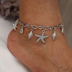 Antique Silver Ankle Bracelet With Starfish and Shell Charms | Etsy Leg Jewelry, Starfish Anklets, Handmade Anklets, Silver Ankle Bracelet, Summer Beach Jewelry, Summer Anklets, Stella Marina, Starfish Bracelet, Anklets Boho