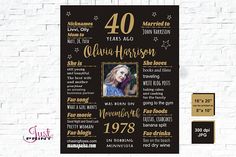 a black and gold birthday party poster with the number forty years on it's side