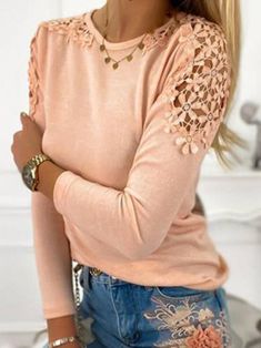 Crew Neck Long Sleeve Shirts & Tops Lace Cutout, Long Sleeve Tops Casual, Womens Tops Summer, Tops Fall, Lace Shirt, Plus Size Blouses, Plus Size Casual, Lace Sleeves, Long Sleeve Casual