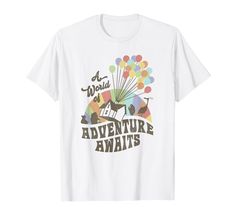 an adventure awaits t - shirt with balloons and animals on the front in white