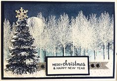 a christmas card with a snow covered tree