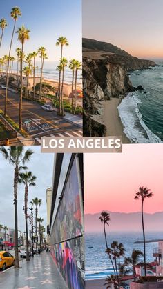 four different pictures with the words los angeles written in spanish, and photos of palm trees