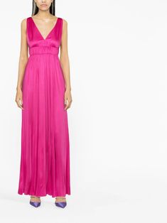 Pleated Maxi Dress, Pleated Maxi, Pink Midi Dress, Pink Maxi Dress, Fuchsia Pink, Dress Cuts, Dress Pink, Neck Designs, Ankle Length