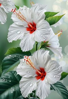 two white flowers with red centers and green leaves in the foreground, water droplets on them