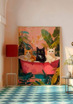 three cats sitting in a bathtub with plants on the wall