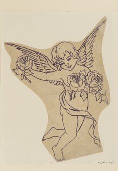 a drawing of an angel with roses in her hand and holding a bouquet of flowers