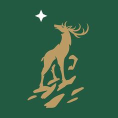 a green and gold flag with a white star on the left side, and an image of a deer