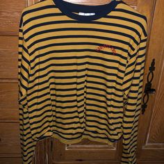 “You Got This” T-Shirt. Navy And Yellow Stripes. Removed Tag But Never Worn. Very Soft And Somewhat Cropped Yellow Crew Neck Top For Fall, Casual Crew Neck Tops By Urban Outfitters, Casual Yellow Tops For Fall, Mustard Crew Neck Top For Spring, Yellow Cotton Tops For Fall, Fall Yellow Cotton Tops, Trendy Striped Tops With Letter Print, Retro Cotton Tops By Urban Outfitters, Casual Striped Tops With Letter Print