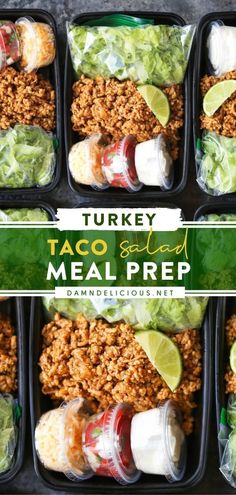 turkey taco salad meal prepped in plastic containers with limes and mayonnaise