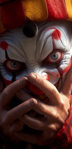 a close up of a person wearing a clown mask and holding their hand to his face