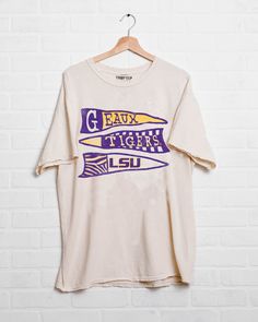 LSU Tigers Pennant Off White Thrifted Tee - shoplivylu Thrifted Tees, Vintage Shirt Design, Osu Cowboys, School Shirt Designs, College Tees, University Shirt, College Shirts, College T Shirts, Spirit Wear