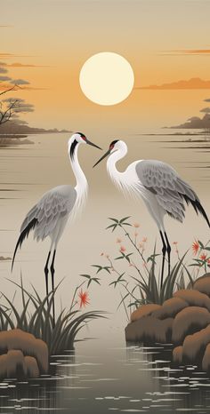 Artwork showcasing two cranes set against a tranquil lake backdrop. Influenced by romantic illustrations and detailed character art, the piece captures the essence of the Art of Burma. The palette of light brown and gray adds a touch of serenity, making it a captivating visual experience. Birds Photography Nature, Getting A Tattoo, Minimalist Tattoos, Nature Art Painting