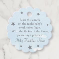 a baby's name tag that says burn this candle on the night babe's stock takes flight with the flickerer of the flame, please say a prayer in baby franklin'n