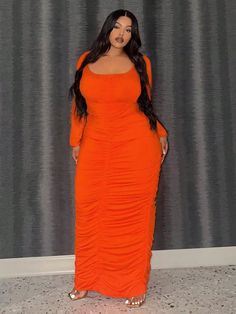 Orange Elegant Collar Long Sleeve Knitted Fabric Plain Bodycon Embellished Medium Stretch  Women Plus Clothing Long Orange Party Dress, Orange Stretch Maxi Dress For Night Out, Stretch Orange Maxi Dress For Party, Elegant Orange Long Sleeve Maxi Dress, Elegant Long Sleeve Orange Maxi Dress, Fitted Orange Long Sleeve Maxi Dress, Orange Fitted Long Sleeve Maxi Dress, Orange Bodycon Dress Long Sleeve, Plus Size Long Dress