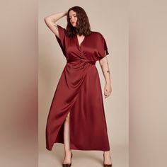 The Precious Is A High-Necked Wrap Dress Cut From A Mid-Weight Textured Satin. It Is Intended To Fit Loose Though The Top, Fitted At The Waist, And Flares Out To A Full Skirt. Featuring Dolman Flutter Sleeves, A Surplice Neckline, And Faux Wrap Skirt, Use The Removable Self-Tie Belt To Cinch The Waist. A Must-Have! Round Out Your Vacation And Weekend Wardrobe With This Plus Size Dress Woven Fabrication Zip Closure Cutout Detail Faux Wrap Front Slit Lined High Neckline Short Sleeves Dresses Materials, Slinky Mini Dress, Faux Wrap Skirt, Fall Wedding Guest Dress, Weekend Wardrobe, Dress Satin, Plus Size Wedding, Neck Wrap, Animal Print Dresses