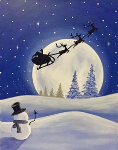 a painting of santa's sleigh flying over a snowman