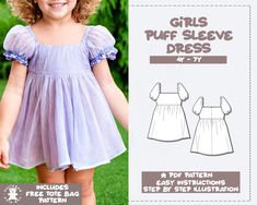 the girls puff sleeve dress sewing pattern is easy to sew and has an attached waistline