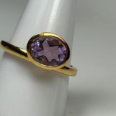 * 18k Gold Plated Over Sterling Silver * Lead N Nickel Free * Color May Vary A Tad Due To My Picture Taking Oval Amethyst Ring With Bezel Setting, Oval Amethyst Ring With Bezel Setting For Formal Occasions, Modern Gold Amethyst Gemstone Ring, Gold Faceted Amethyst Ring, Oval Amethyst Rings In Yellow Gold, Modern Gold Amethyst Ring With Oval Shape, Yellow Gold Amethyst Oval Ring, Elegant Gold Faceted Amethyst Ring, Modern Gold Oval Amethyst Ring